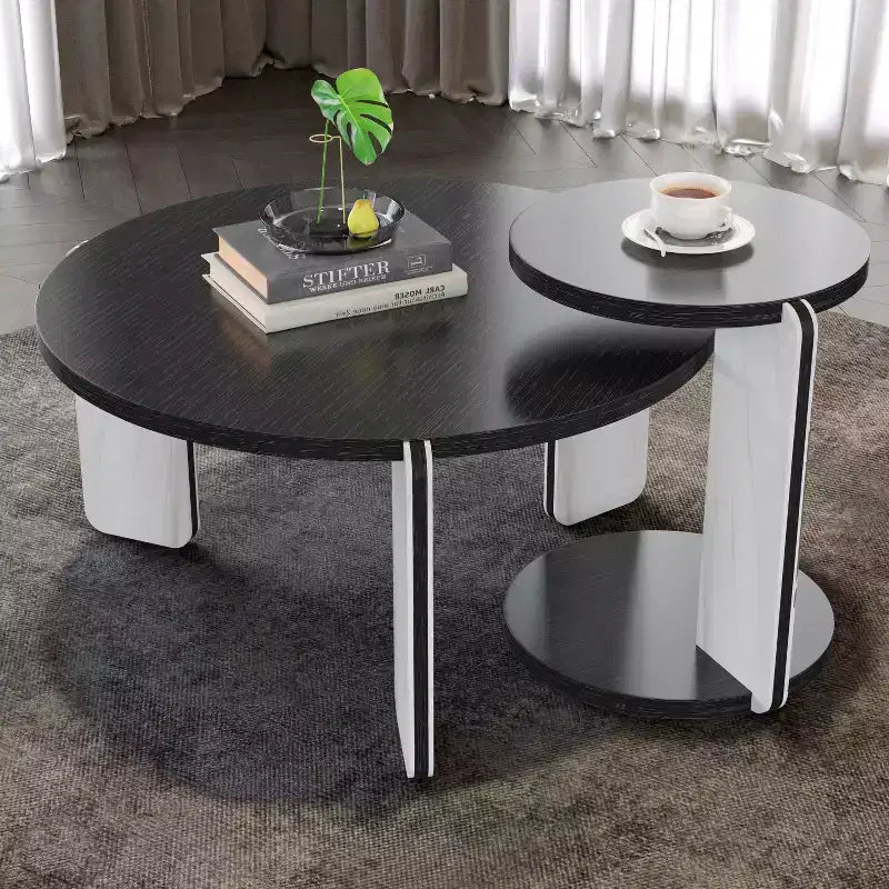 Set di Tavolini da Caffè Rotondi Ora Maison Modern con Gambe in Pietra Sinterizzata e Tavolino Laterale Abbinato, Nero