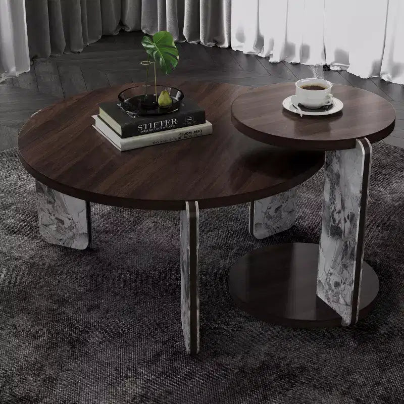 Ora Maison Modern Round Coffee Table Set with Sintered Stone Legs & Matching Side Table, Black