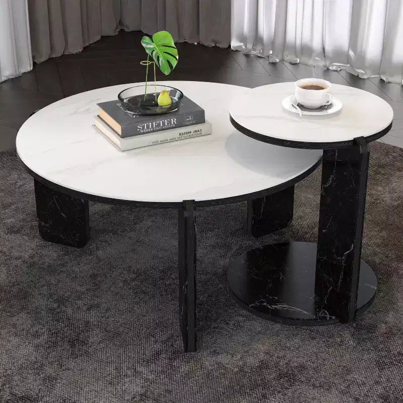 Ora Maison Modern Round Coffee Table Set with Sintered Stone Legs & Matching Side Table, Black