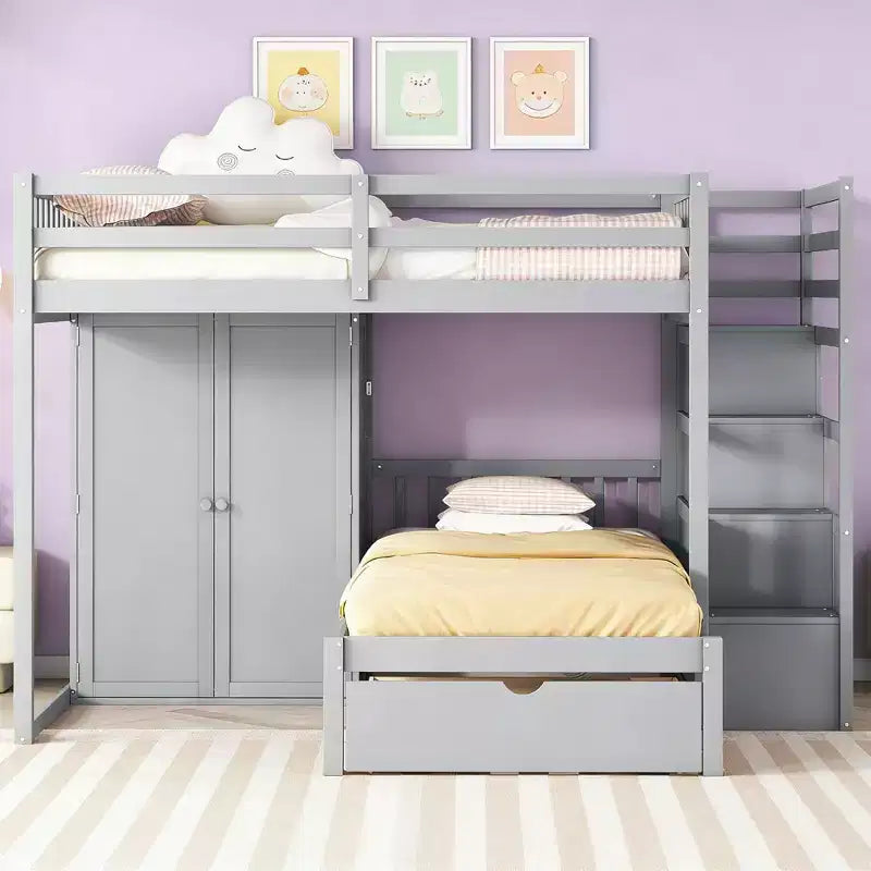 Luxystar Modern Full Over Twin Bunk Bed with Wardrobe and 5 Drawers