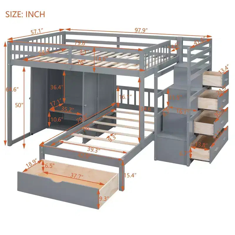 Luxystar Modern Full Over Twin Bunk Bed with Wardrobe and 5 Drawers