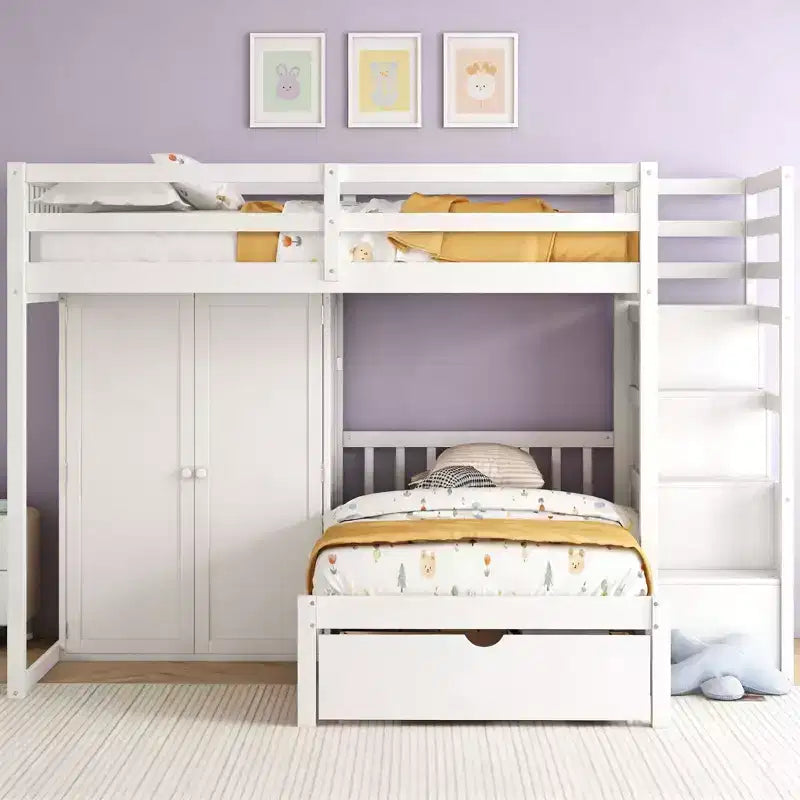 Luxystar Modern Full Over Twin Bunk Bed with Wardrobe and 5 Drawers