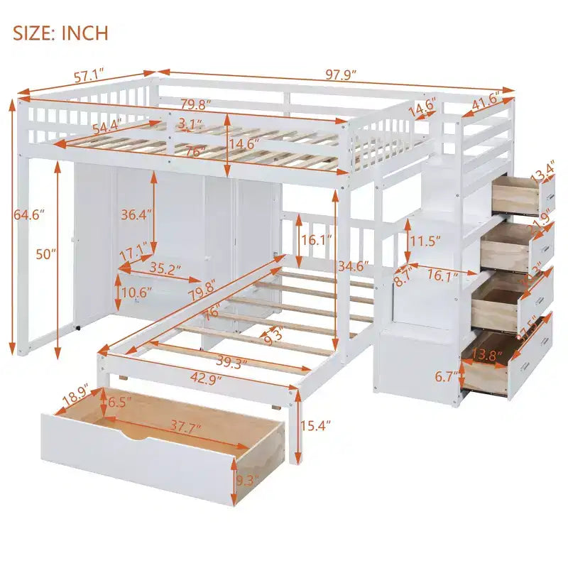 Luxystar Modern Full Over Twin Bunk Bed with Wardrobe and 5 Drawers