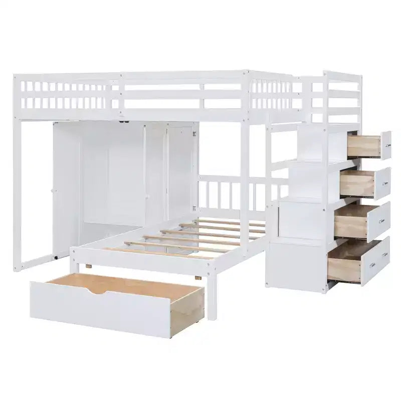 Luxystar Modern Full Over Twin Bunk Bed with Wardrobe and 5 Drawers