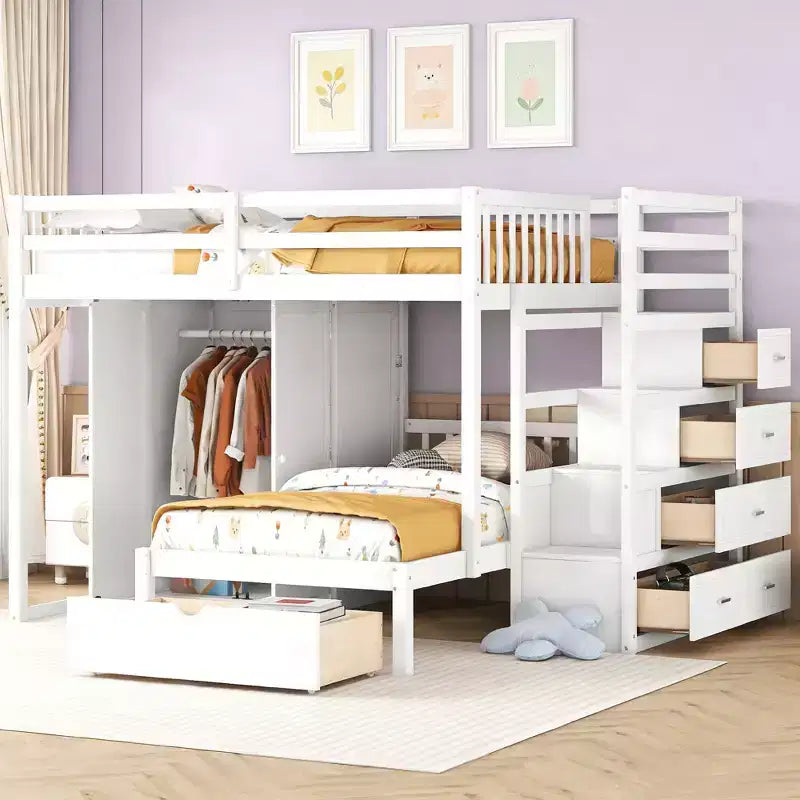 Luxystar Modern Full Over Twin Bunk Bed with Wardrobe and 5 Drawers