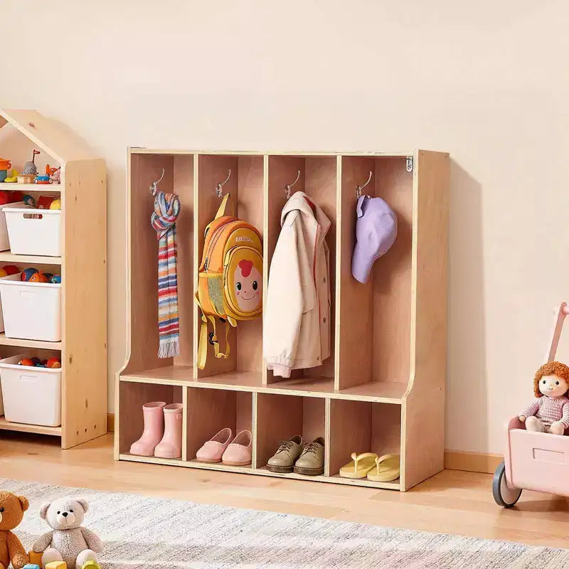 VEVOR 4-Section Kids Coat Locker, Wooden Toddler Cubby Storage Organizer with 8 Hooks & Non-Slip Mat & 4 Small Open Storage Boxes, Wood Color