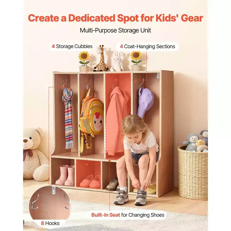 VEVOR 4-Section Kids Coat Locker, Wooden Toddler Cubby Storage Organizer with 8 Hooks & Non-Slip Mat & 4 Small Open Storage Boxes, Wood Color