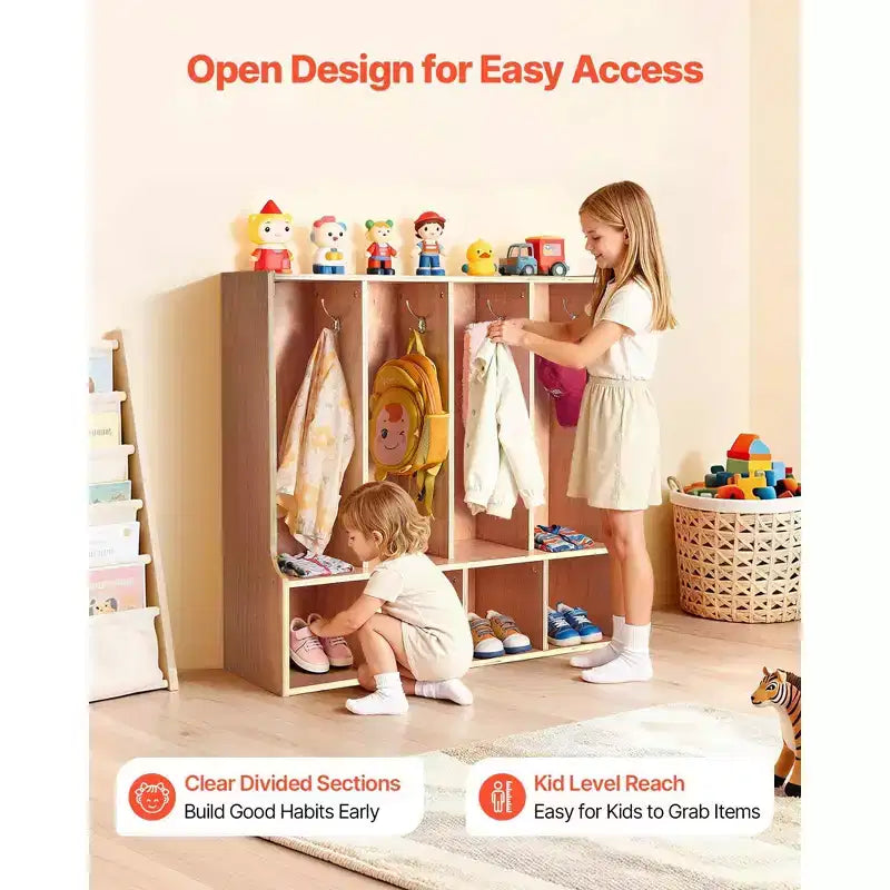 VEVOR 4-Section Kids Coat Locker, Wooden Toddler Cubby Storage Organizer with 8 Hooks & Non-Slip Mat & 4 Small Open Storage Boxes, Wood Color