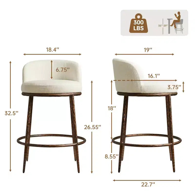 Set di 2 sgabelli da bar altezza bancone, sgabelli moderni imbottiti con gambe in ferro bronzo martellato, sedie Boucle per isola per sala da pranzo e bar