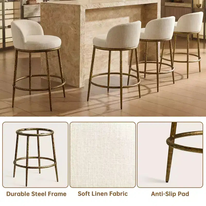 Set di 2 sgabelli da bar altezza bancone, sgabelli moderni imbottiti con gambe in ferro bronzo martellato, sedie Boucle per isola per sala da pranzo e bar