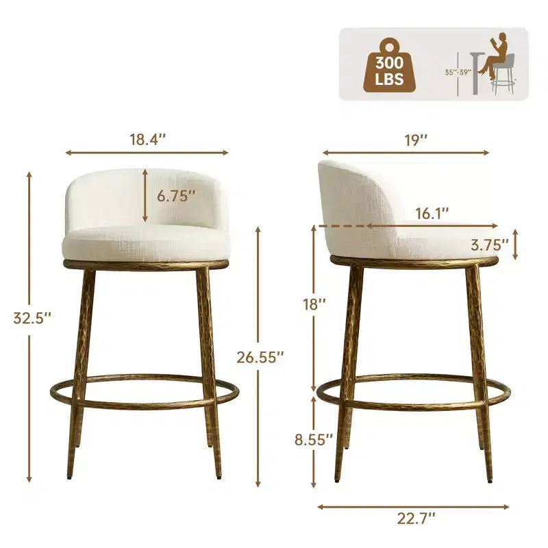 Set di 2 sgabelli da bar altezza bancone, sgabelli moderni imbottiti con gambe in ferro bronzo martellato, sedie Boucle per isola per sala da pranzo e bar