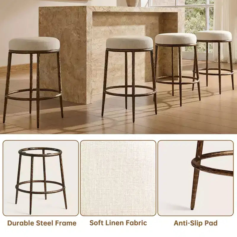 Set di 2 sgabelli da bar altezza bancone, sgabelli moderni imbottiti con gambe in ferro bronzo martellato, sedie Boucle per isola per sala da pranzo e bar