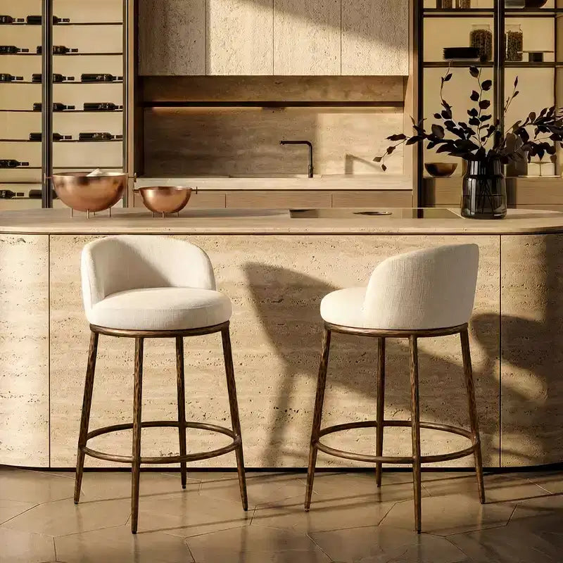 Counter Height Bar Stools Set of 2, Modern Upholstered Counter Stools with Hammered Bronze Iron Legs, Boucle Island Chairs for Dining Room and Bar