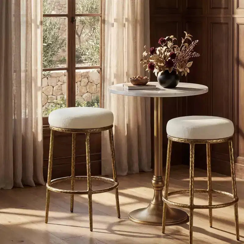 Counter Height Bar Stools Set of 2, Modern Upholstered Counter Stools with Hammered Bronze Iron Legs, Boucle Island Chairs for Dining Room and Bar