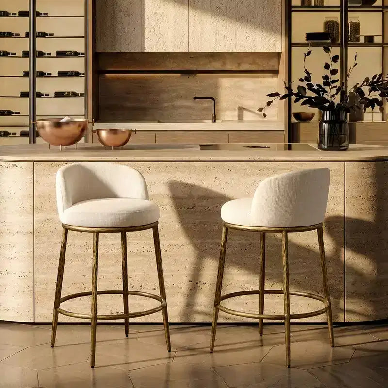 Counter Height Bar Stools Set of 2, Modern Upholstered Counter Stools with Hammered Bronze Iron Legs, Boucle Island Chairs for Dining Room and Bar