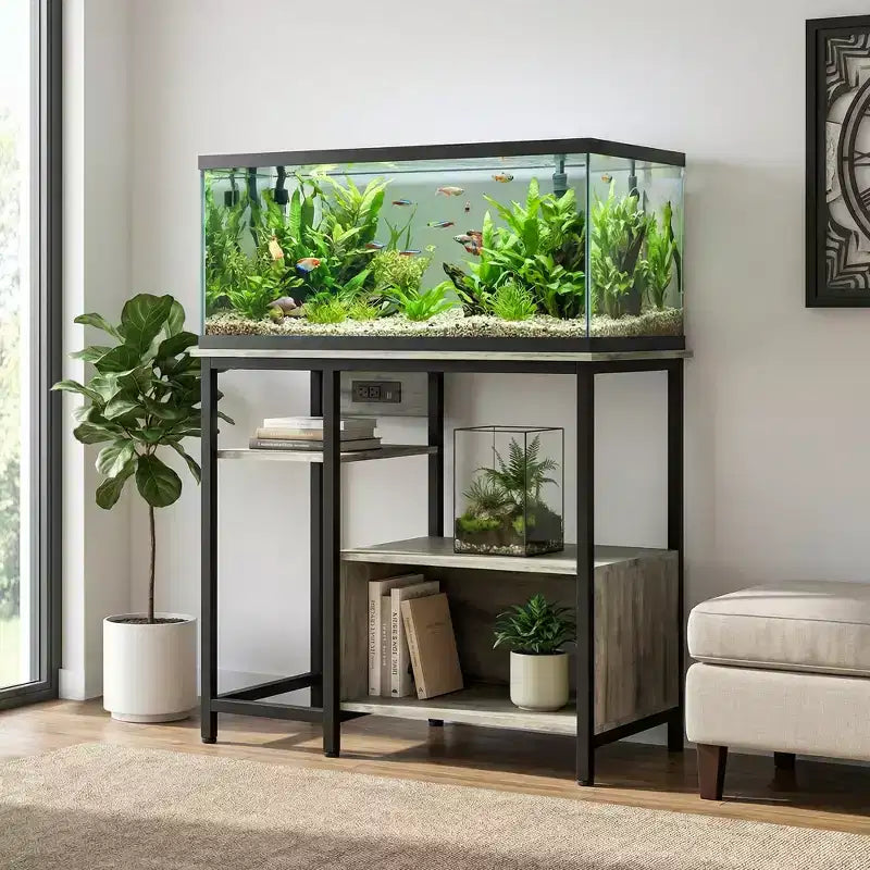 Supporto Garvee per Acquario con Armadietto - Supporto per Acquario da 40-50 Galloni con Prese di Corrente, Struttura Robusta in Metallo e Legno, Ripiani Aperti