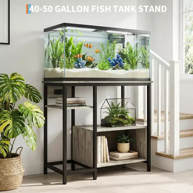 Supporto Garvee per Acquario con Armadietto - Supporto per Acquario da 40-50 Galloni con Prese di Corrente, Struttura Robusta in Metallo e Legno, Ripiani Aperti