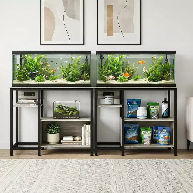 Supporto Garvee per Acquario con Armadietto - Supporto per Acquario da 40-50 Galloni con Prese di Corrente, Struttura Robusta in Metallo e Legno, Ripiani Aperti