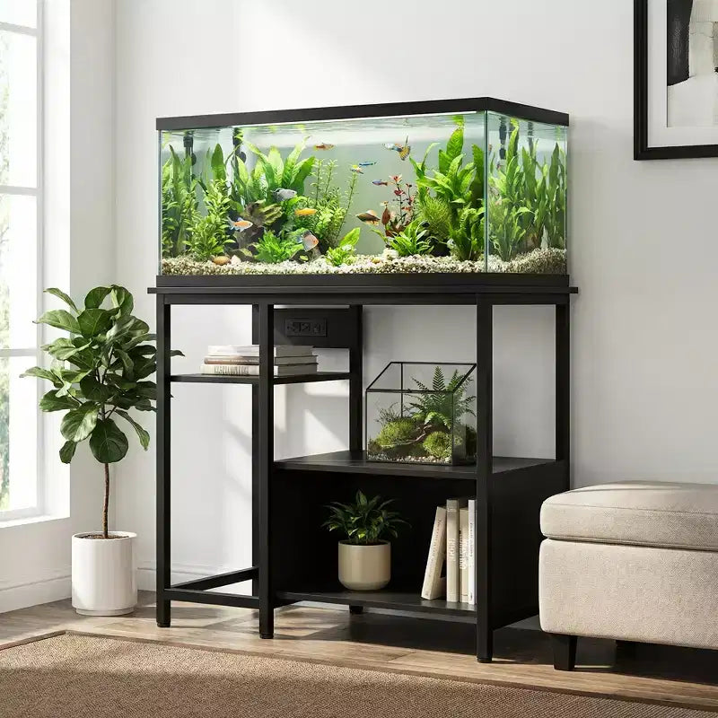 Supporto Garvee per Acquario con Armadietto - Supporto per Acquario da 40-50 Galloni con Prese di Corrente, Struttura Robusta in Metallo e Legno, Ripiani Aperti