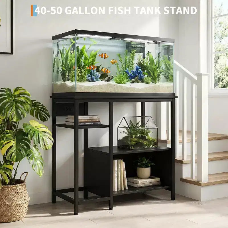 Supporto Garvee per Acquario con Armadietto - Supporto per Acquario da 40-50 Galloni con Prese di Corrente, Struttura Robusta in Metallo e Legno, Ripiani Aperti