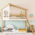 Bellemave Letto a castello per bambini Twin Over Twin con tetto e finestra, letto a castello in legno per bambini con scaletta e sponde, struttura in pino massiccio, naturale