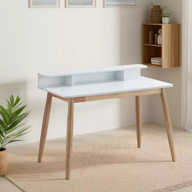 GDFStudio Nadia Mid-Century Modern Wood Writing Desk with Hutch and Open Shelves
