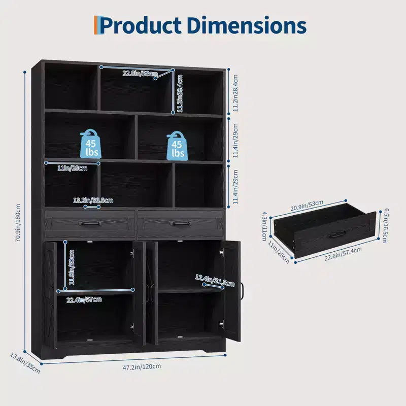 Large Wooden Kids Bookcase, 2 Drawers, 4 Doors, 6-Tier Storage Cabinet, Spacious Organizer Shelf, for Living Room, Office
