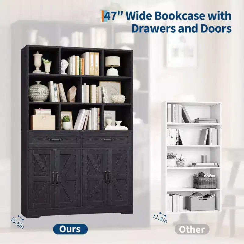 Large Wooden Kids Bookcase, 2 Drawers, 4 Doors, 6-Tier Storage Cabinet, Spacious Organizer Shelf, for Living Room, Office