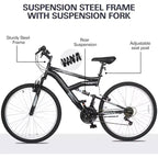 Hykolity Mountain Bike da 26 pollici, Bici da Ciclismo per Esterni a 18 velocità, Telaio in Acciaio ad Alto Tenore di Carbonio, Bici MTB per Uomini e Donne, Doppia Sospensione Completa, Nero