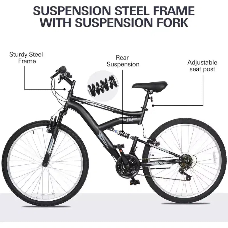 Hykolity Mountain Bike da 26 pollici, Bici da Ciclismo per Esterni a 18 velocità, Telaio in Acciaio ad Alto Tenore di Carbonio, Bici MTB per Uomini e Donne, Doppia Sospensione Completa, Nero