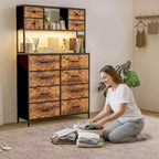 12 Drawer Fabric Dresser, Open Shelves, Metal Frame, for Bedroom, Hallway
