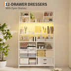 12 Drawer Fabric Dresser, Open Shelves, Metal Frame, for Bedroom, Hallway