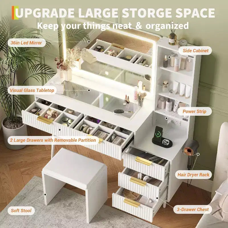 44 Fluted Vanity Desk with 36 Lighted Mirror & Power Outlet, Makeup Vanity w/3 Adjustable Light Colors, 5 Drawers, Dressing Table Set for Bedroom