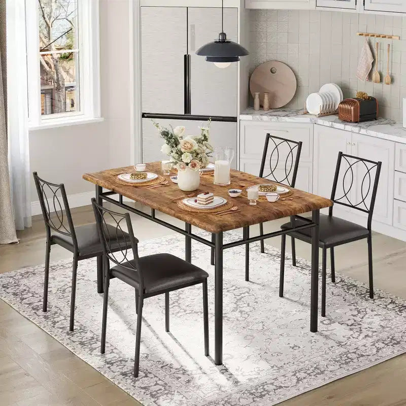 Farmhouse Dining Table Set for 4 - Dining Table with Upholstered Chairs, Wood Kitchen Table Set