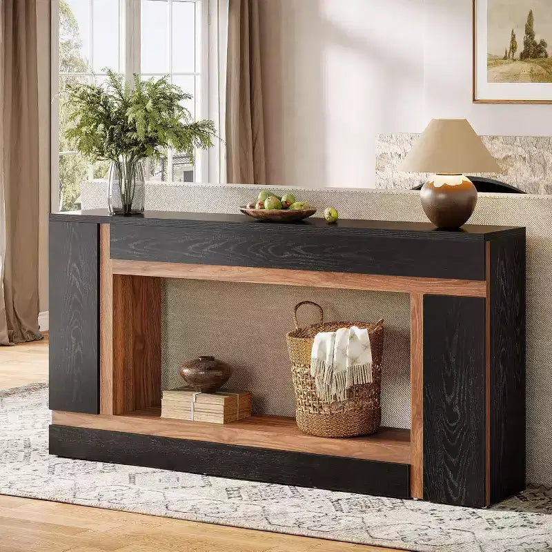 Lantine 63-Inch Long Console Table for Entryway, 2-Tier Wooden Sofa Table Behind Couch for Hallway, Foyer, Front Door, Living Room, Black & Walnut