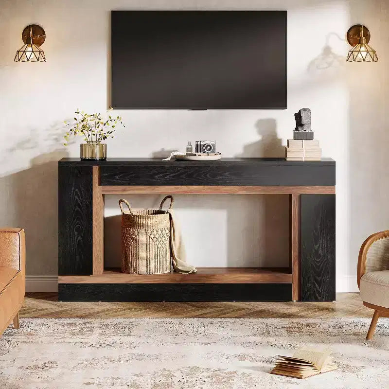 Lantine 63-Inch Long Console Table for Entryway, 2-Tier Wooden Sofa Table Behind Couch for Hallway, Foyer, Front Door, Living Room, Black & Walnut