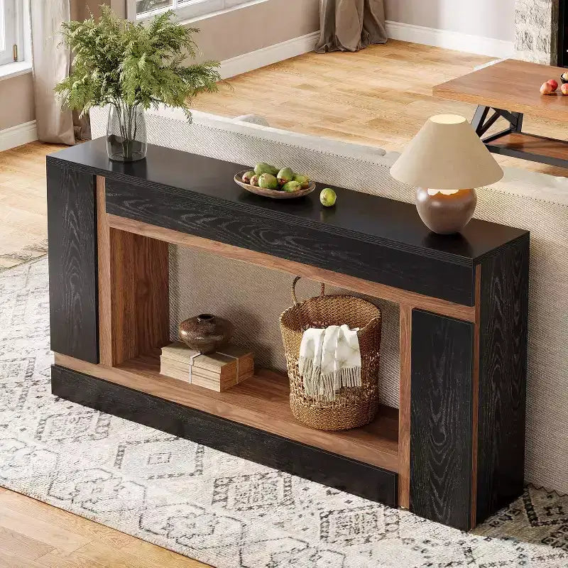Lantine 63-Inch Long Console Table for Entryway, 2-Tier Wooden Sofa Table Behind Couch for Hallway, Foyer, Front Door, Living Room, Black & Walnut