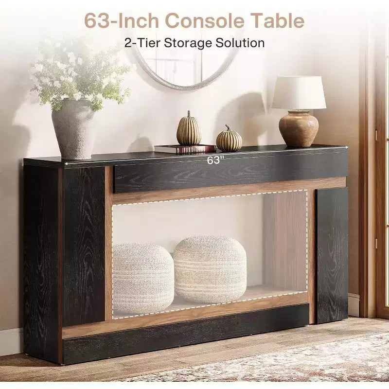 Lantine 63-Inch Long Console Table for Entryway, 2-Tier Wooden Sofa Table Behind Couch for Hallway, Foyer, Front Door, Living Room, Black & Walnut