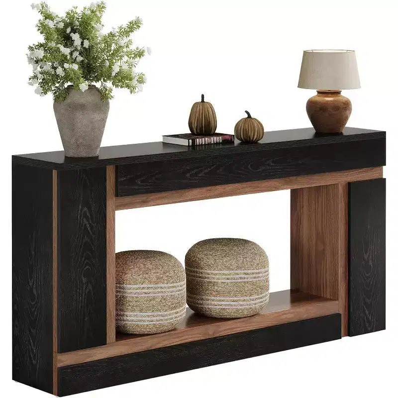 Lantine 63-Inch Long Console Table for Entryway, 2-Tier Wooden Sofa Table Behind Couch for Hallway, Foyer, Front Door, Living Room, Black & Walnut