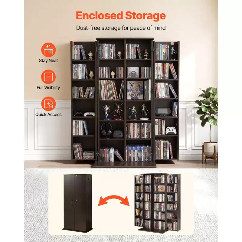 VEVOR Media Storage Cabinet, 6-Tier DVD Shelf Organizer, 24.02 x 14.49 x 50 in Multimedia Storage Organizer for CDs, DVDs, Books, Games, Brown