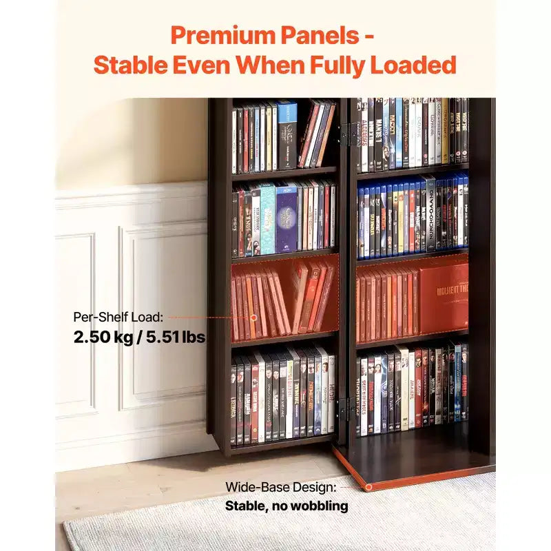 VEVOR Media Storage Cabinet, 6-Tier DVD Shelf Organizer, 24.02 x 14.49 x 50 in Multimedia Storage Organizer for CDs, DVDs, Books, Games, Brown