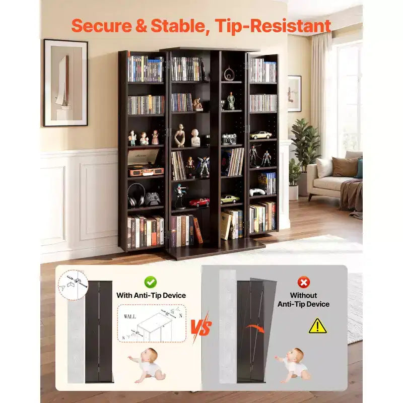 VEVOR Media Storage Cabinet, 6-Tier DVD Shelf Organizer, 24.02 x 14.49 x 50 in Multimedia Storage Organizer for CDs, DVDs, Books, Games, Brown