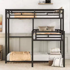 ModernLuxe Letto a castello in metallo a L triplo a due piazze, a tre piani, salvaspazio, industriale, con scale e sponde di protezione complete, nero