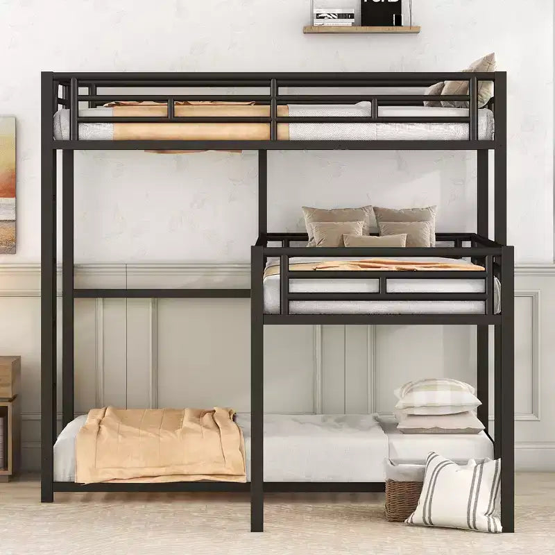 ModernLuxe Letto a castello in metallo a L triplo a due piazze, a tre piani, salvaspazio, industriale, con scale e sponde di protezione complete, nero