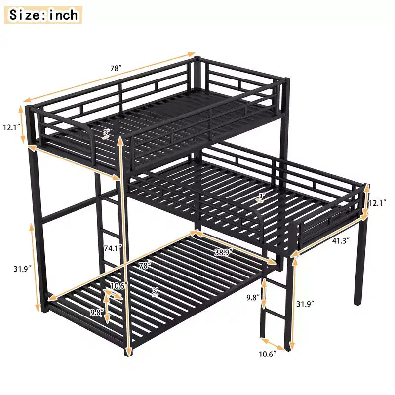 ModernLuxe Letto a castello in metallo a L triplo a due piazze, a tre piani, salvaspazio, industriale, con scale e sponde di protezione complete, nero