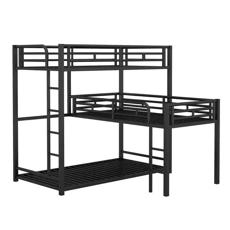 ModernLuxe Letto a castello in metallo a L triplo a due piazze, a tre piani, salvaspazio, industriale, con scale e sponde di protezione complete, nero