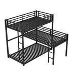 ModernLuxe Letto a castello in metallo a L triplo a due piazze, a tre piani, salvaspazio, industriale, con scale e sponde di protezione complete, nero