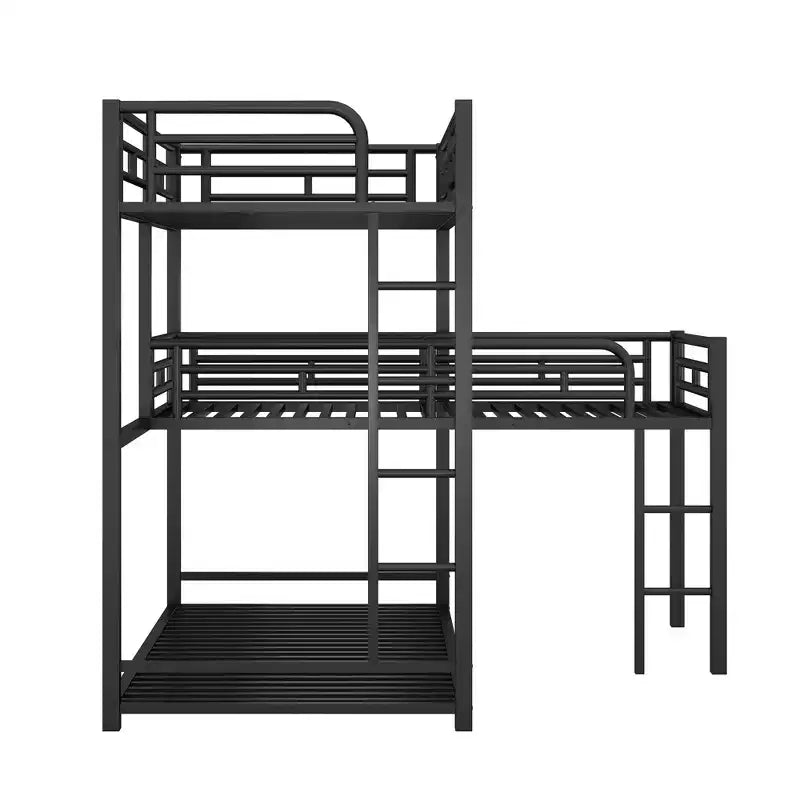 ModernLuxe Letto a castello in metallo a L triplo a due piazze, a tre piani, salvaspazio, industriale, con scale e sponde di protezione complete, nero