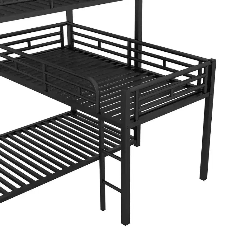 ModernLuxe Letto a castello in metallo a L triplo a due piazze, a tre piani, salvaspazio, industriale, con scale e sponde di protezione complete, nero