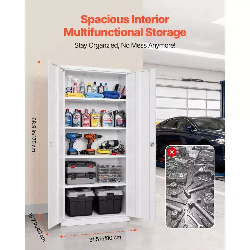 Armadio metallico VEVOR, armadietto da garage in acciaio da 175 cm con serratura, 4 ripiani regolabili, 2 ante magnetiche, 2 chiavi, 5 livelli di stoccaggio attrezzi, bianco